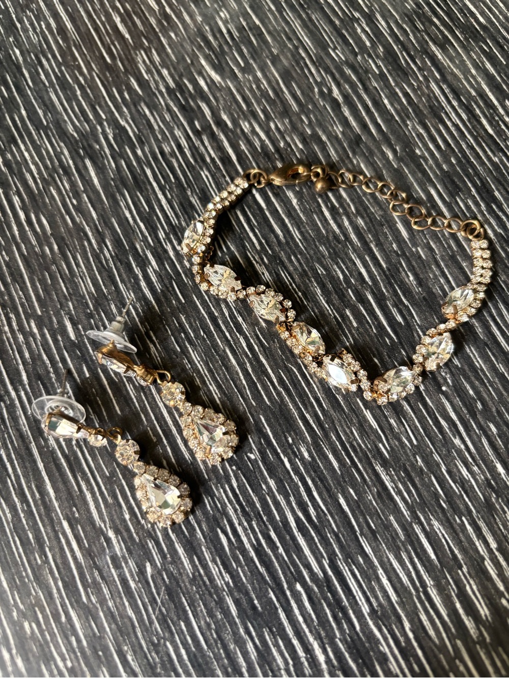 Rhinestone Teardrop Gold Bracelet and Drop Earrings Set